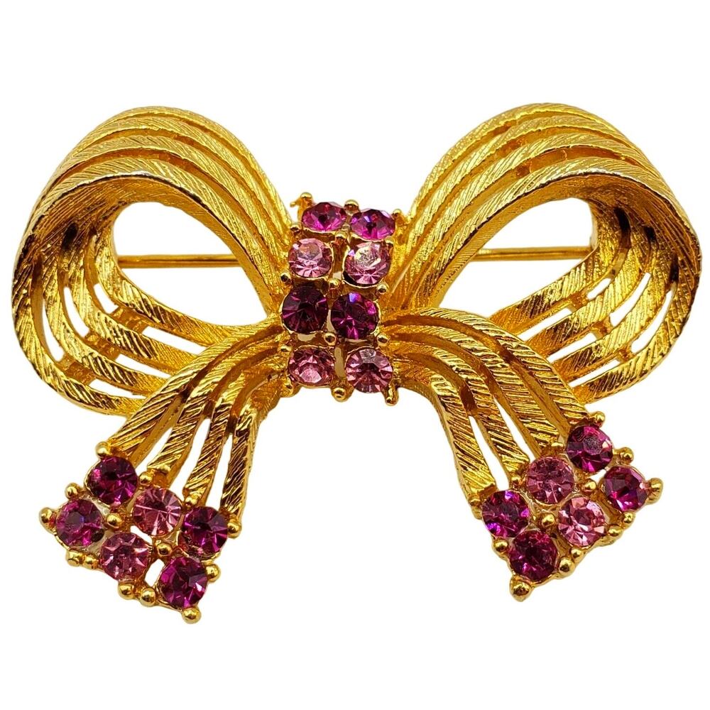 Lisner Gold Bow Brooch Pink Rhinestone Ribbon Pin Romantic Statement Retro Vtg